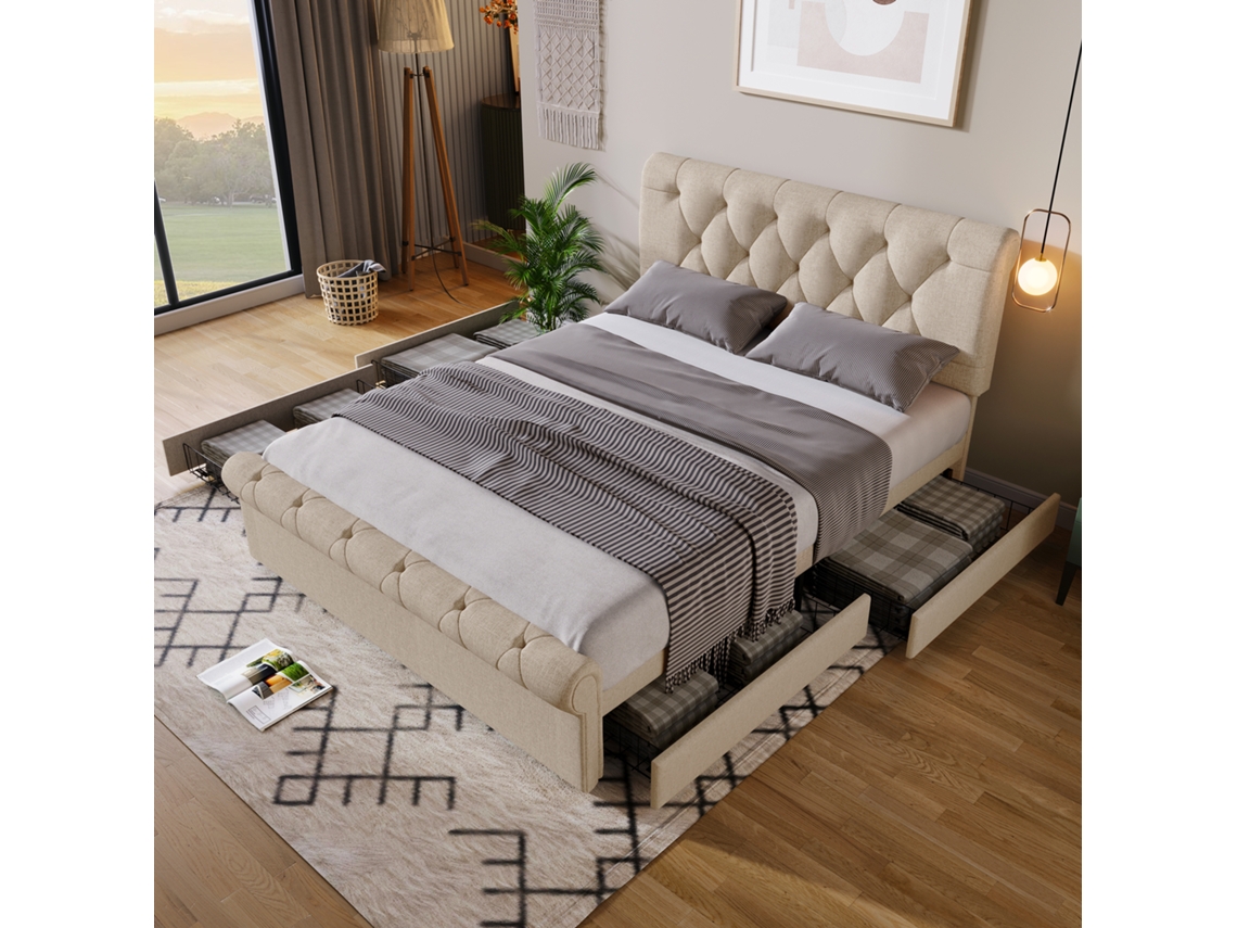 Cama Casal 140x200 4 Gavetas Cabeceira Ajustável Chesterfield Madeira Natural