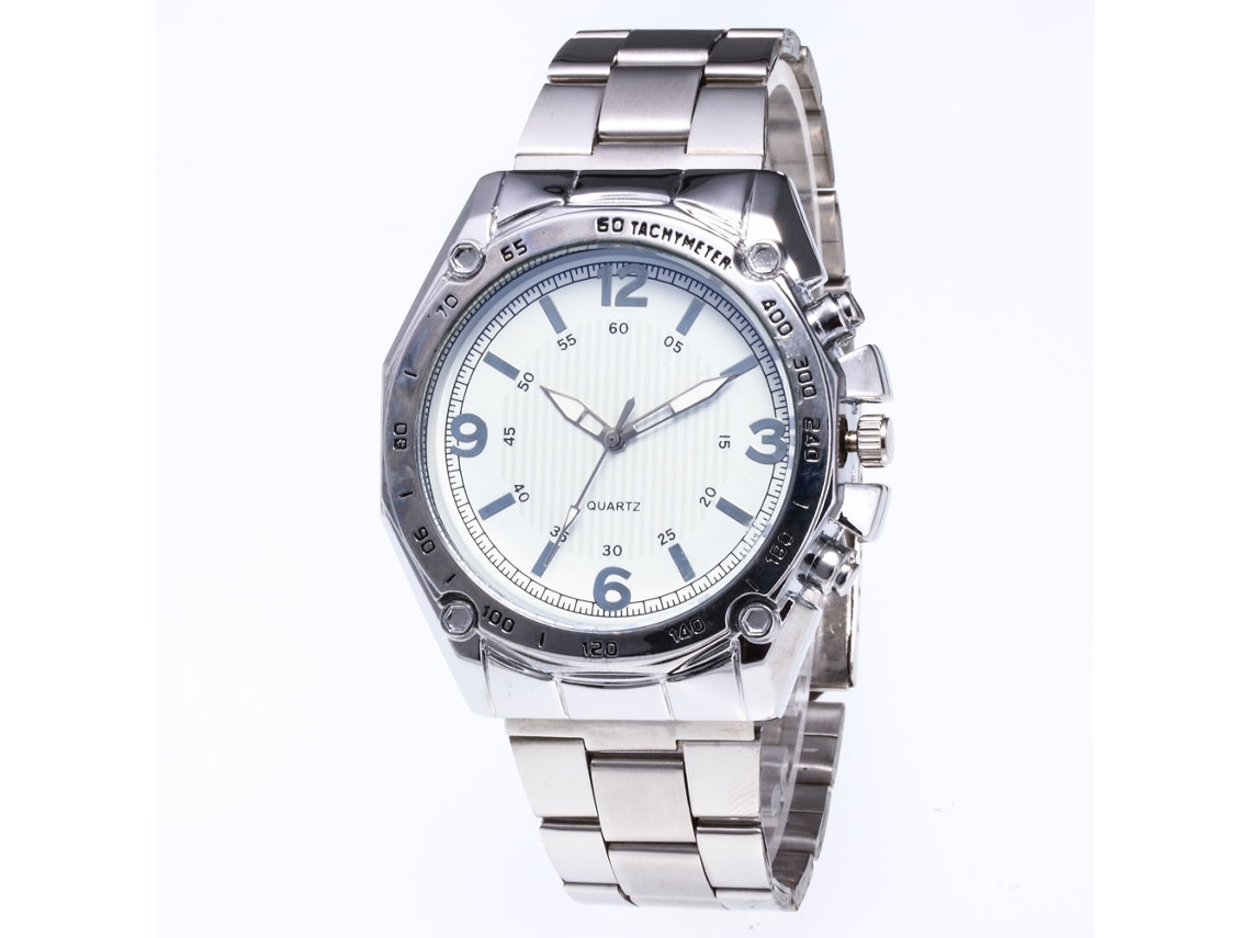 Relógio de pulso masculino de quartzo com pulseira de aço, mostrador redondo, estilo moderno (branco e prateado)