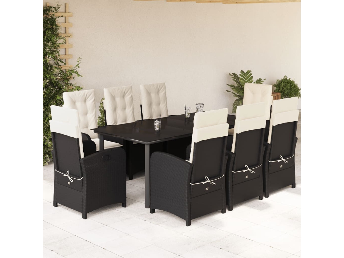 9 Pcs Conjunto De Jantar P/ Jardim C/ Almofadões Vime Pe Preto Dkd Home Decor