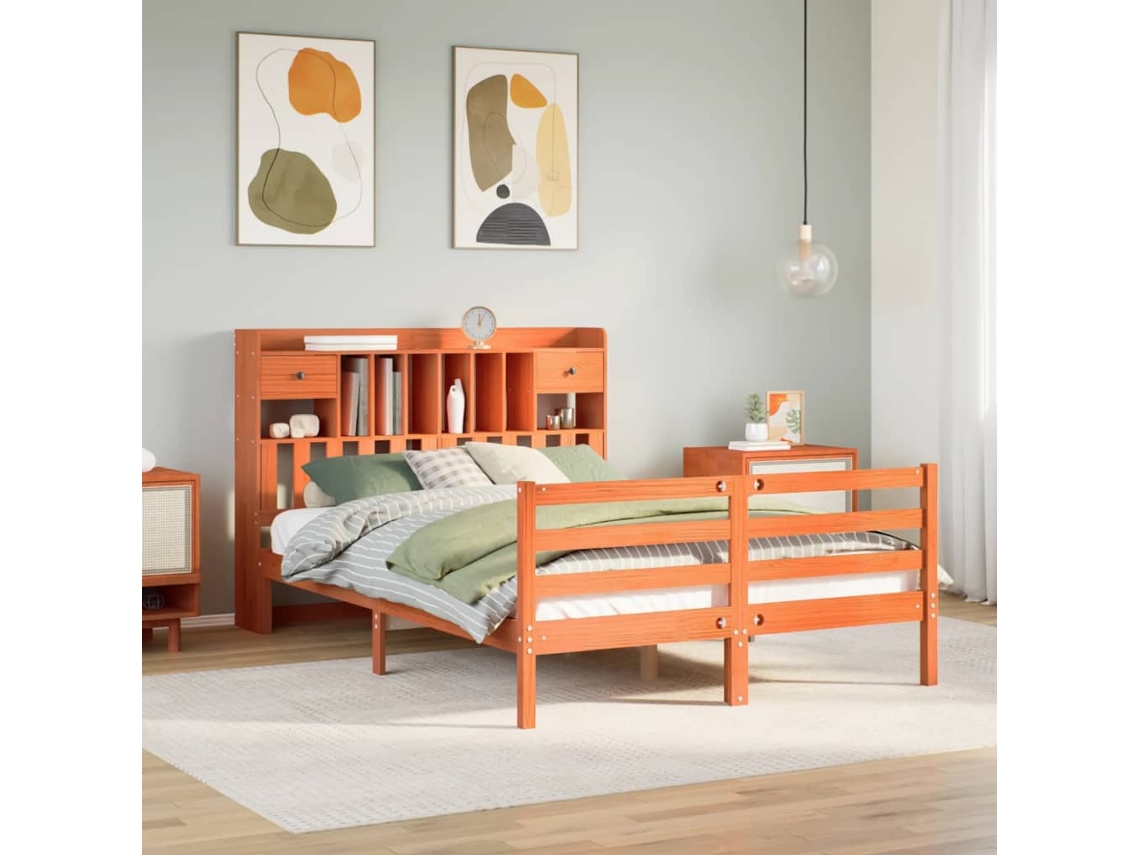 Vidaxl Cama Com Estante Sem Colchão 150x200 Cm Pinho Maciço