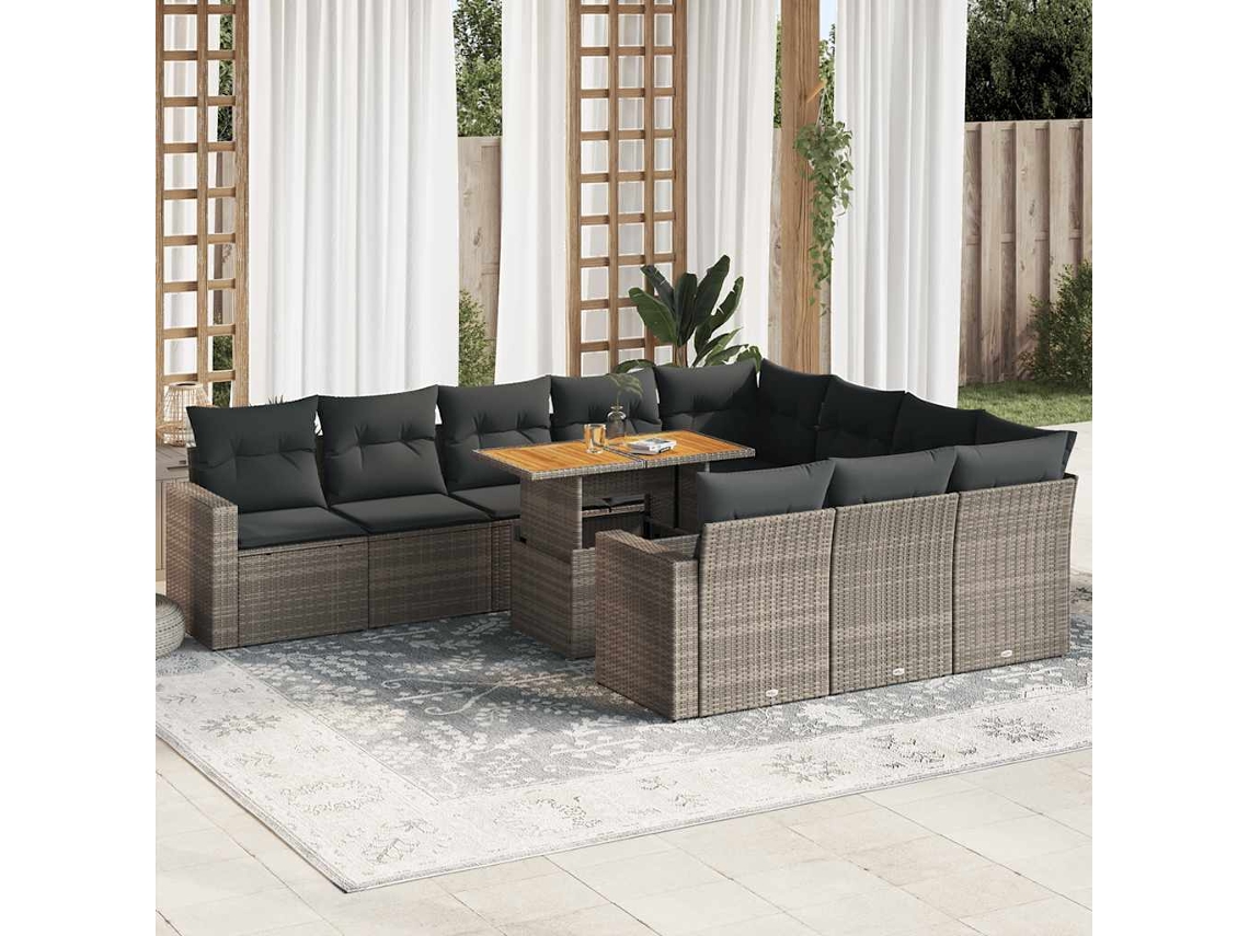 Vidaxl 11 Pcs Conjunto Sofás De Jardim C/ Almofadões Vime Pe Cinzento