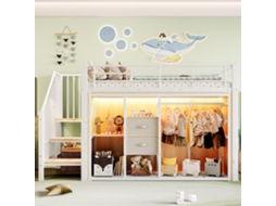 Cama meia altura 90x200cm, 2 gavetas, armário aberto, led multicor, múltiplos compartimentos, sem colchão branco KOMHTOM