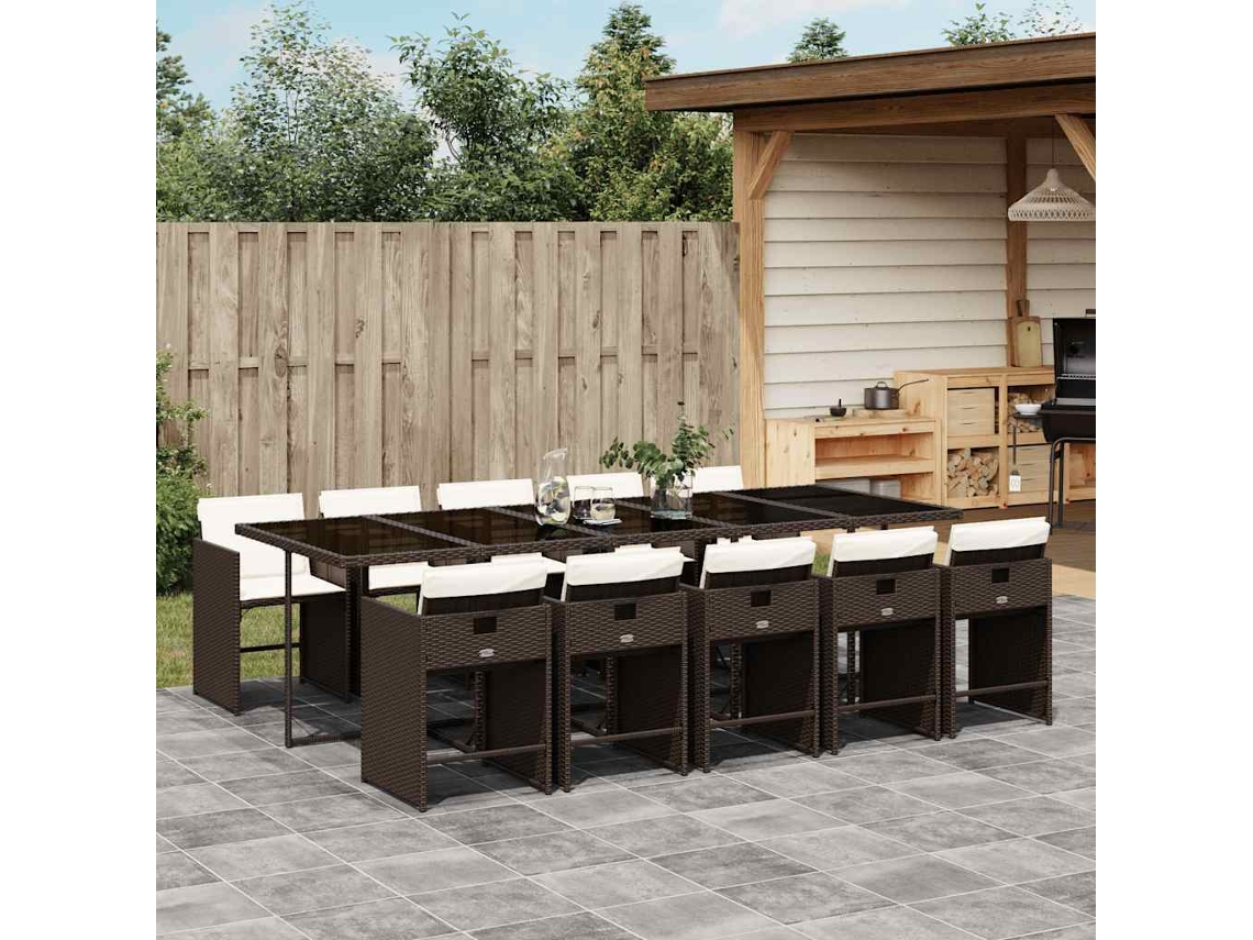 Vidaxl 11 Pcs Conjunto Jantar P/ Jardim C/ Almofadões Vime Pe Castanho