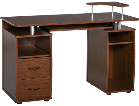 HOMCOM Secretária para computador Mesa para PC com prateleiras múltiplas Bandeja de teclado Suporte para CPU e 2 gavetas 120x55x85 cm Noz