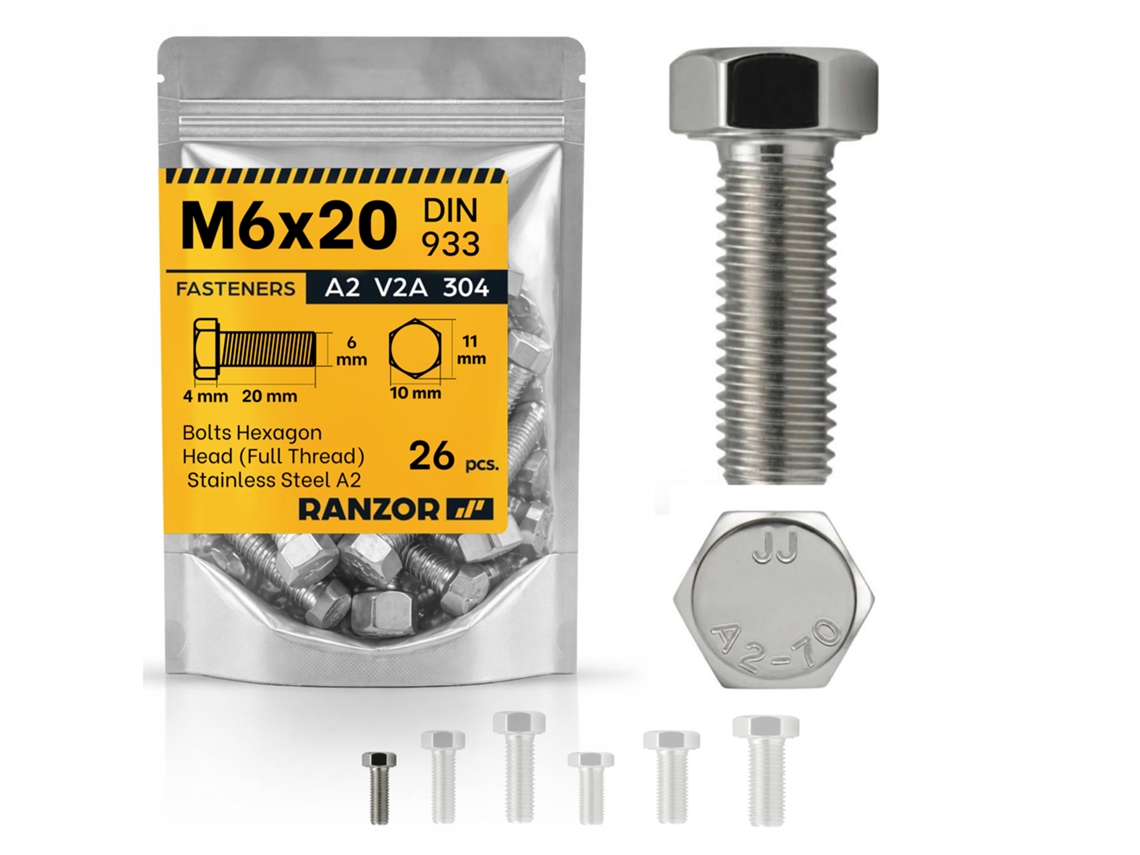 Parafuso Sextavado Inox A2 Din 933 M6x20 (26 Un.) Ranzor | Hex Bolt Stainless Steel Aisi 304