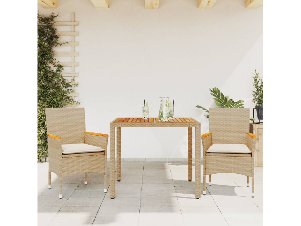 3 Pcs Conjunto Jantar Jardim C/ Almofadões Vime Pe/acácia Bege Dkd Home Decor