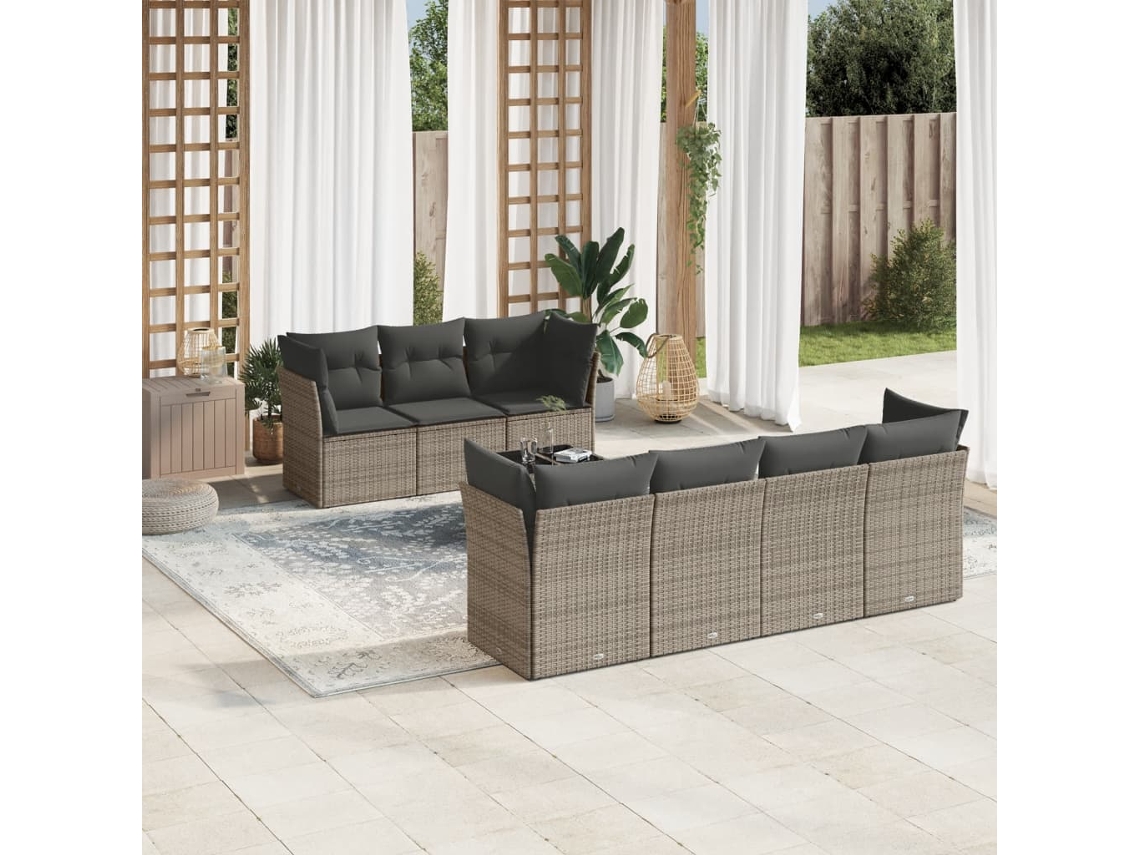 Vidaxl 8 Pcs Conjunto Sofás De Jardim C/ Almofadões Vime Pe Cinzento