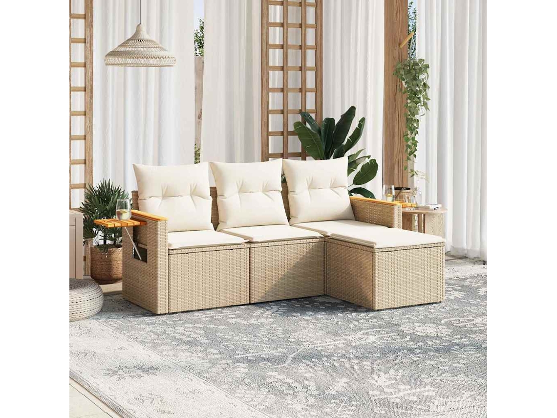 Vidaxl 4 Pcs Conjunto De Sofás Para Jardim C/ Almofadões Vime Pe Bege