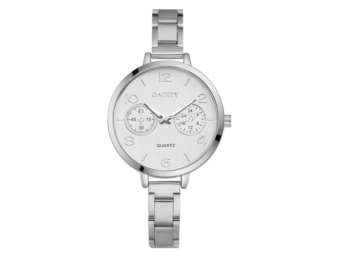Relógio feminino Gaiety com movimento analógico de quartzo e pulseira de liga metálica fina, elegante estilo prateado.