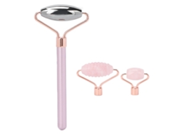 Massageador facial 3 em 1 de quartzo rosa para cuidados com a beleza do rosto.