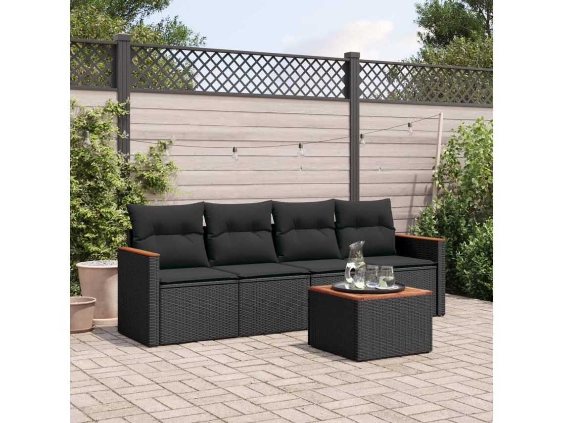 Vidaxl 5 Pcs Conjunto Sofás De Jardim Com Almofadões Vime Pe Preto