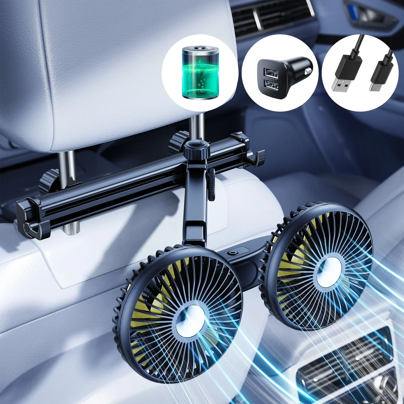 Ventilador Traseiro De Carro Hipacool Com Duas Cabeças, Braço Retrátil E Recarregável.