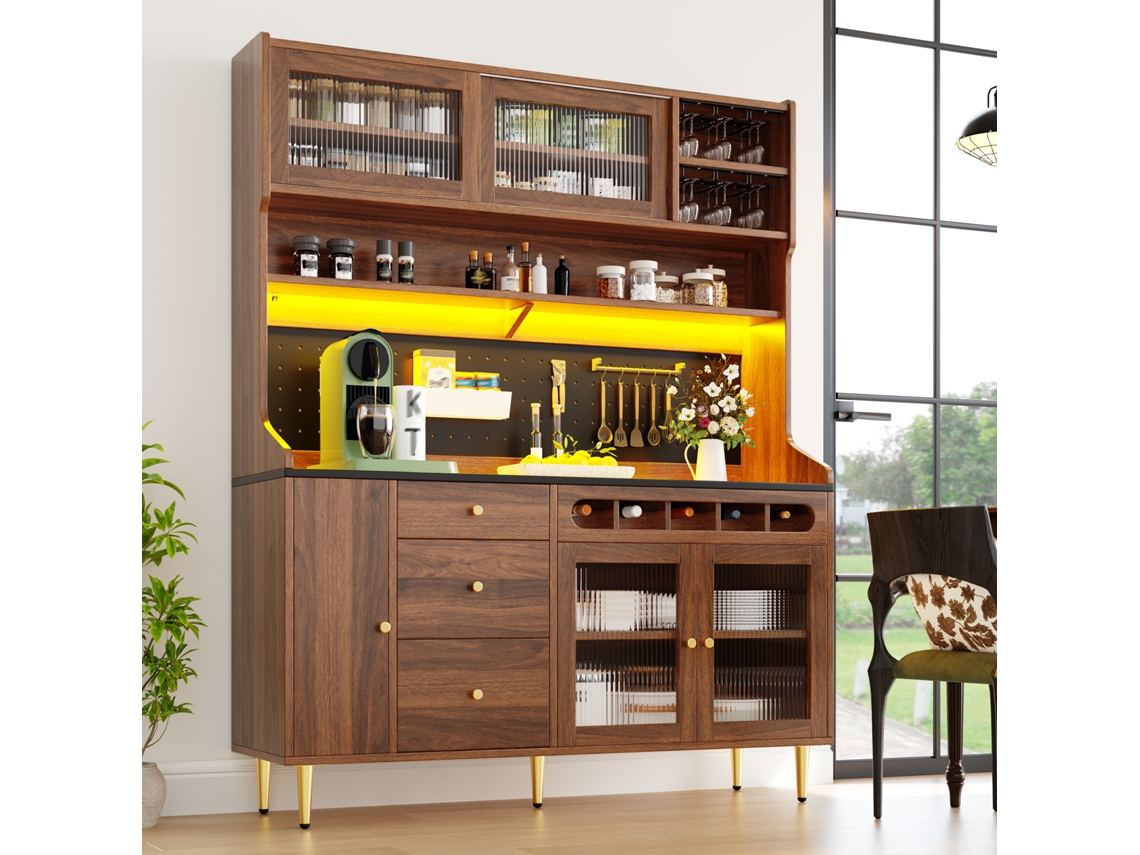 Armário Doméstico 145×39×171cm Prateleiras Ajustáveis, Led, Gaveta E Espaço Para Vinho Acabamento Nogueira Natural