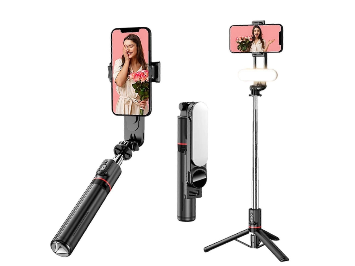 Suporte Universal Para Telemóvel Com Bastão Selfie De 43 Polegadas, Tripé Com Controlo Remoto Bluetooth E Luz Portátil