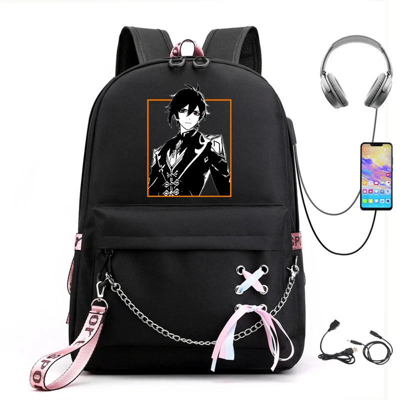 Mochila Escolar, Feminina, Juvenil, Modelo 05099, Estampa De Desenho Animado Para Faculdade, Cor Preta