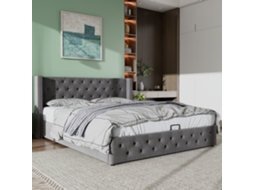 Cama Com Baú 180x200 Cm Em Veludo Com Estrado De Ripas Cinza Estilo
