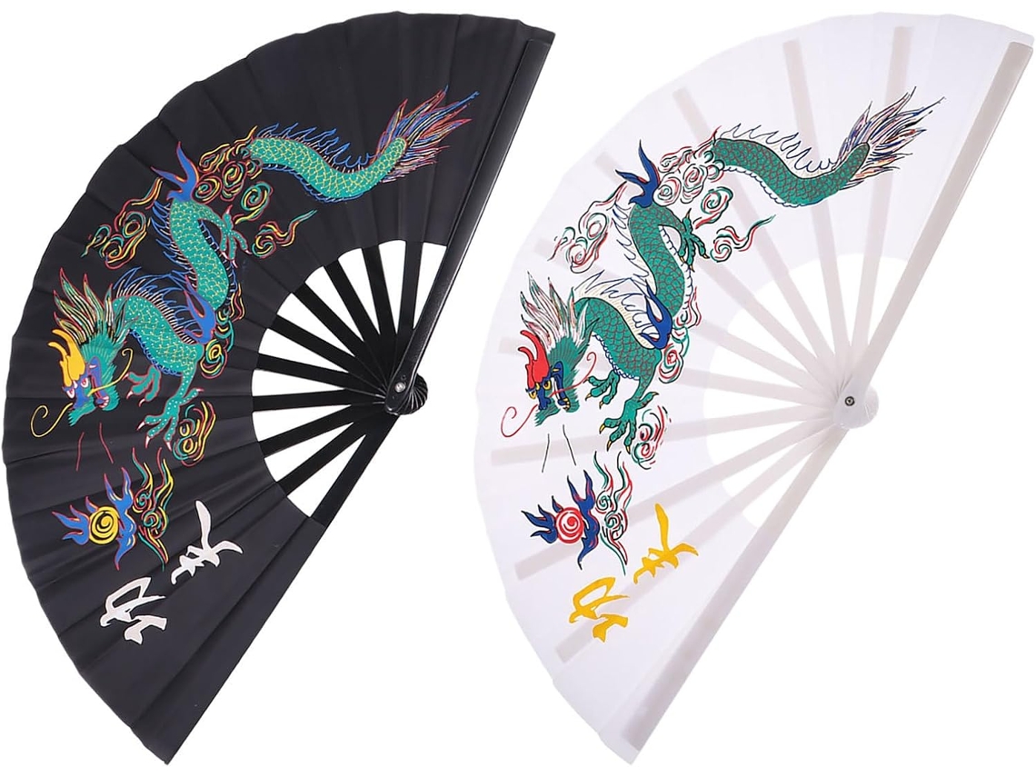 Conjunto 2 Leques Dobráveis Chinês Plástico Tecido Impressionante Desenho Dragão Ideais Danças Festivas GOKOCO