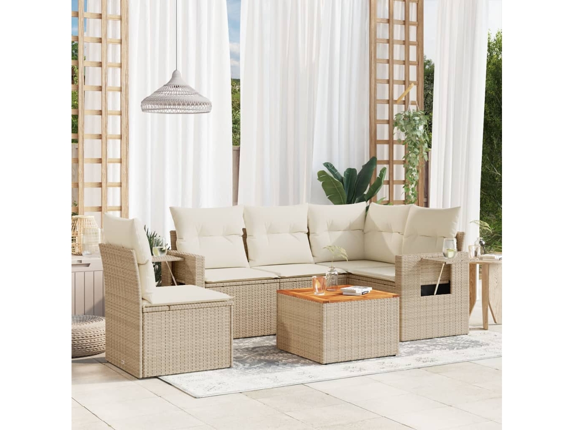 Vidaxl 6 Pcs Conjunto De Sofás P/ Jardim Com Almofadões Vime Pe Bege