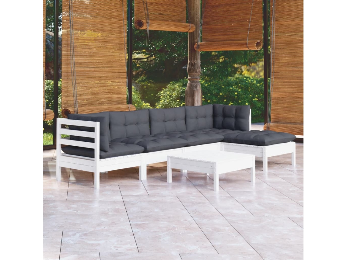 Conjunto Lounge Jardim 6 Peças C/ Almofadões Pinho Branco Dkd Home Decor