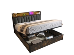 Cama de Casal Estofada com Controle por Aplicativo, led e Usb, estrutura de Metal 180x200 Cm em Cinza PAPRIKA
