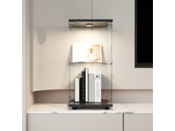 Vitrine De Dois Níveis Em Vidro Temperado Com Porta, Estrutura Em Metal Preto E Iluminação Led Integrada, Design Moderno E Elegante.