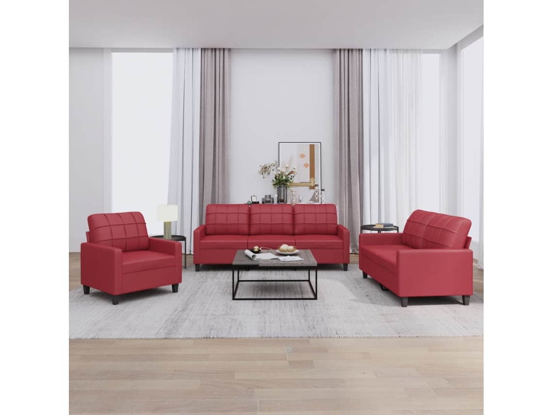 Vidaxl 3 Pcs Conjunto Sofás C/ Almofadões Couro Artif. Vermelho Tinto