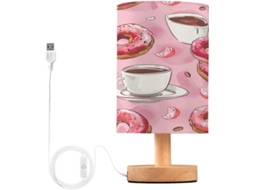 Abajur de Cabeceira em formato de donut café, com suportes para transporte USB-C, luminária de leitura LED, base de madeira.