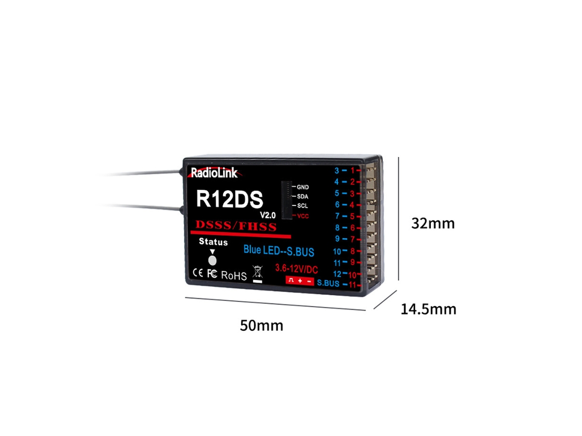 Receptor Radiolink R12ds V2.0 2.4ghz 12ch Dsss Fhss para Transmissores de Rádio At9/at9s/at9s Pro/at10/at10ii MDUG