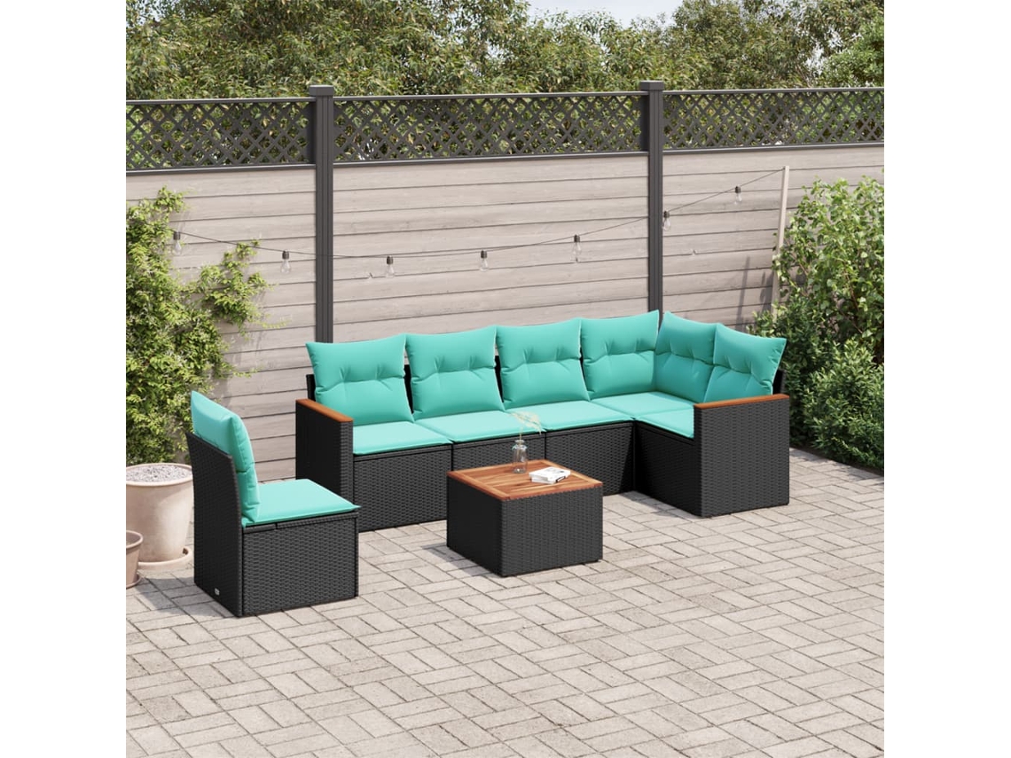 Vidaxl Conjunto De Sofá De Jardim Com 7 Peças E Almofadas Em Rattan Sintético Preto
