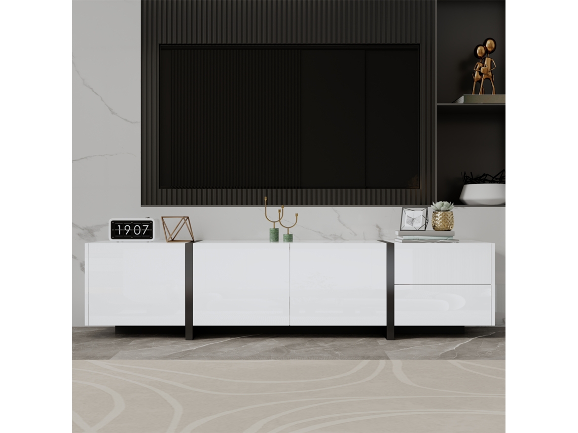 Móvel para TV KOMHTOM, 170x30x39 cm, 3 portas, 1 gaveta, 1 porta basculante, LED, passagem de cabos, branco