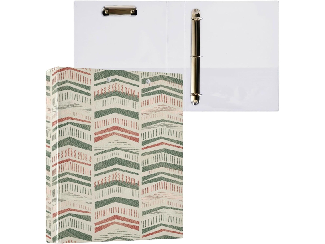 Pacote com 1 Pasta de Argolas 3,8 Cm Bolsos, 1/2 Pastas Escolares, Capa Dura, Estampa Natalina Árvores Geométr