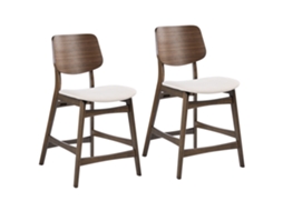 Conjunto De 2 Bancos De Bar Beliani Mayer De Madeira De Seringueira Branco-creme/castanho 54x62x96