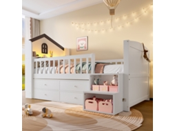 Lit Cabane Mi hauteur 90x200 Cm Avec Fenêtres, 4 Tiroirs, Échelle de Rangement, Led, Blanc VSOGA