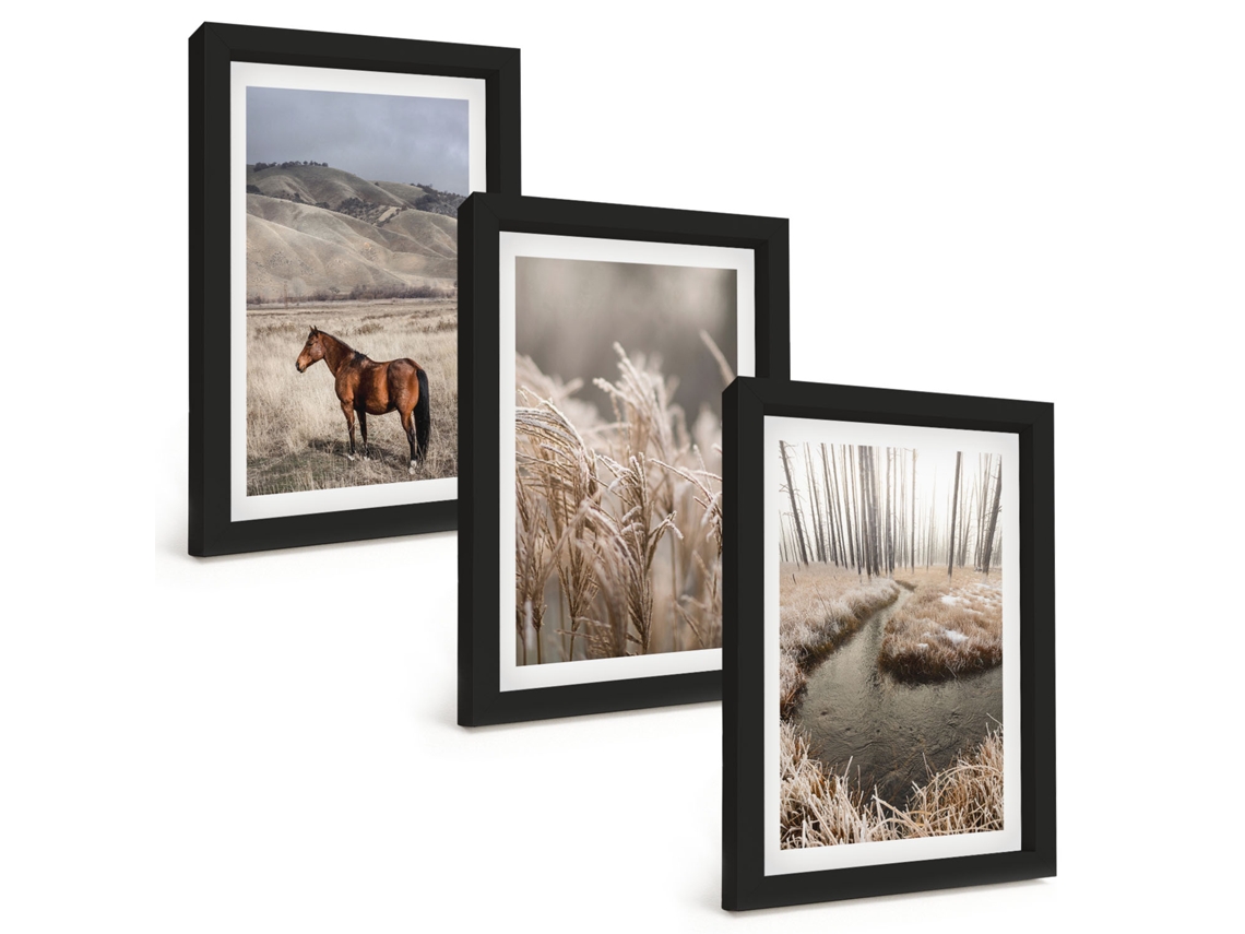 Pinturas Murais Modernas Cavalos, Paisagem, Grama, Riacho Moldura Preta Fotos Para O Corredor Espelharte (3 Peças 20x30 Cm)