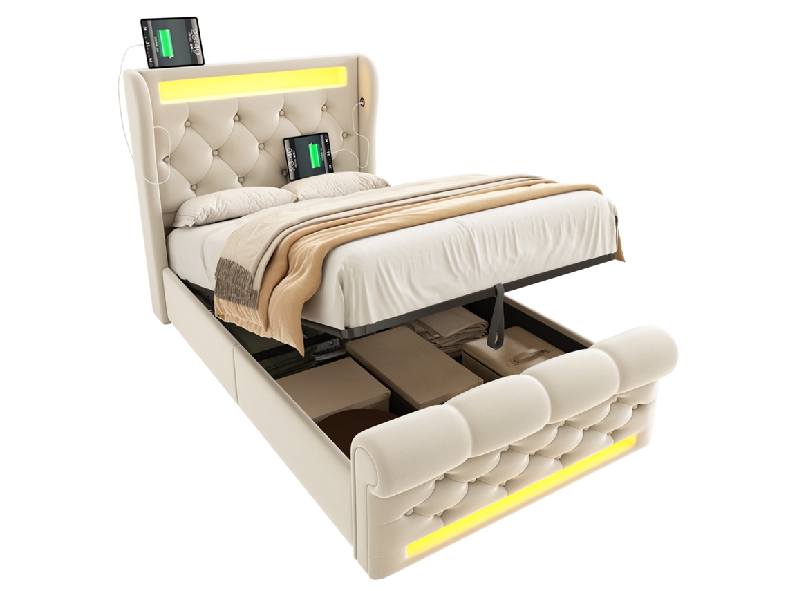 Cama Solteiro Moderna Estofada 90x200cm com Luzes Led,cabeceira com Armazenamento e Portas Usb em Veludo Bege PAPRIKA