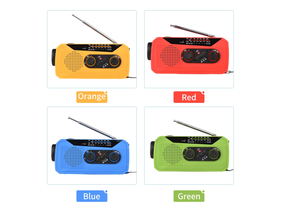 Rádio solar de emergência, manivela, lanterna, FM/WB, USB, bateria recarregável, camping