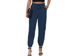 2026 pantalones Lino Mujer Casual Sueltos Con Cuerda Elástica Cintura Alta Y Bolsillos Cómodos XXL Azul