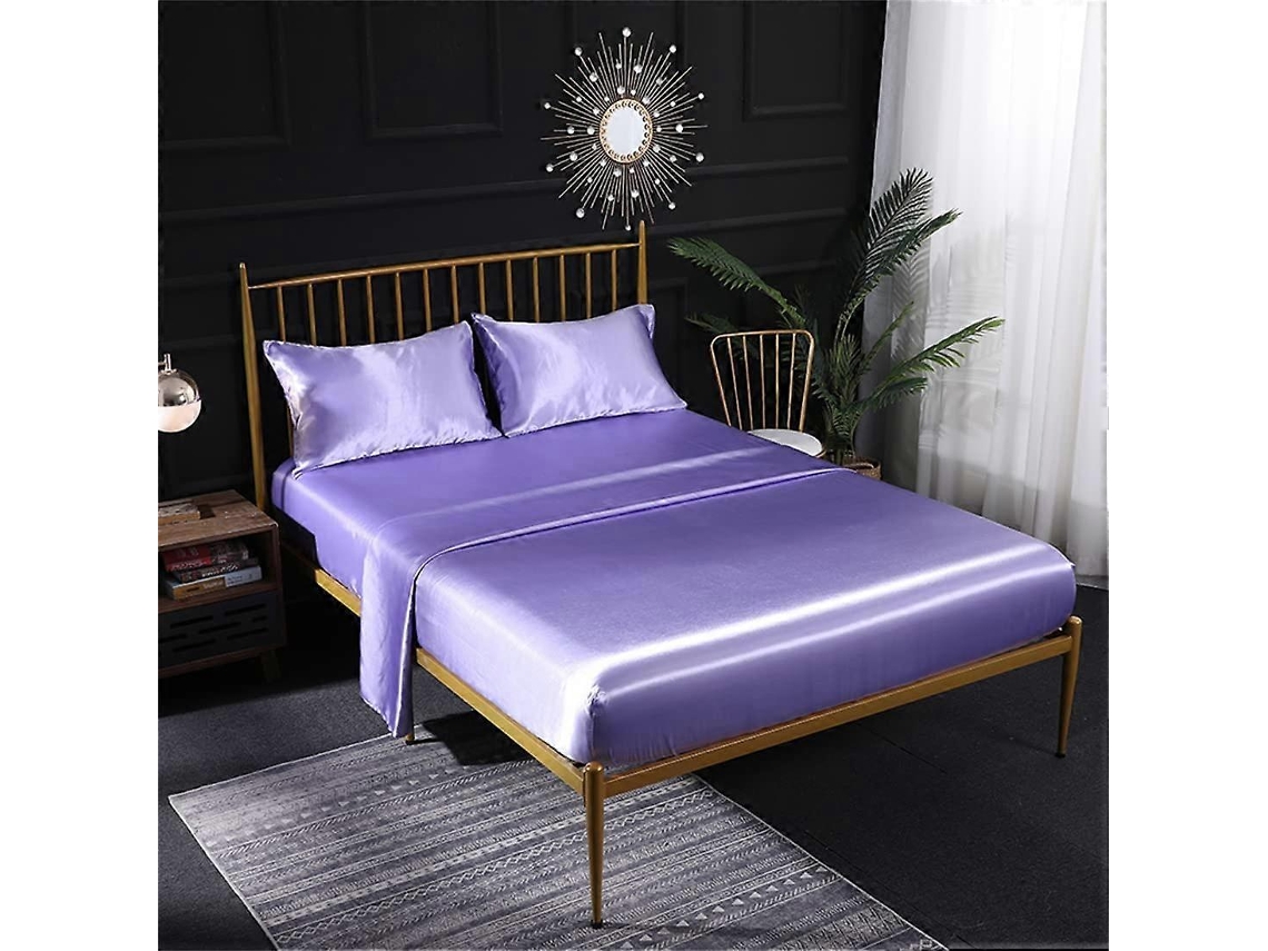 Rebe conjunto de Roupa de Cama Seda Crema 3 Peças Folha Fitted Folha Plana Capa de Travesseiro Respirável Roxo Twin