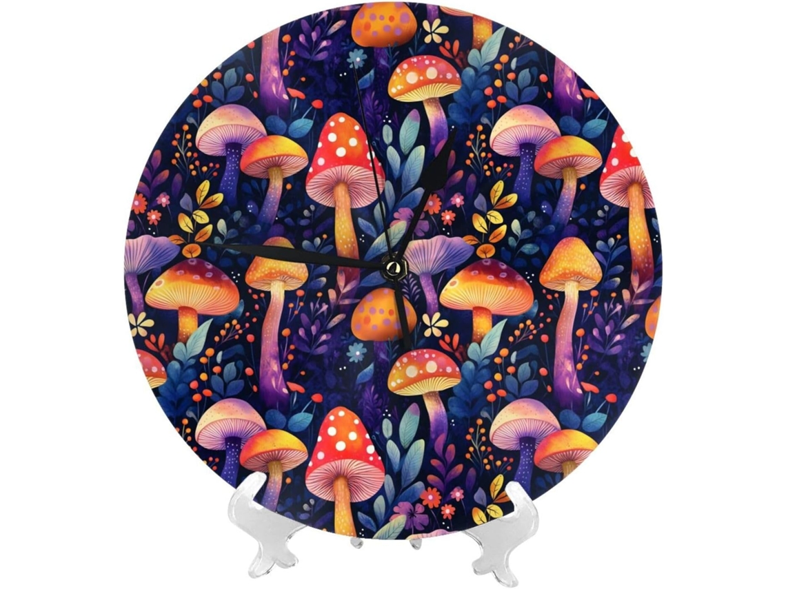 Relógio De Parede De 25cm 10 Polegadas Com Estampa Colorida De Cogumelos, Moderno, Silencioso E Compacto, Ideal