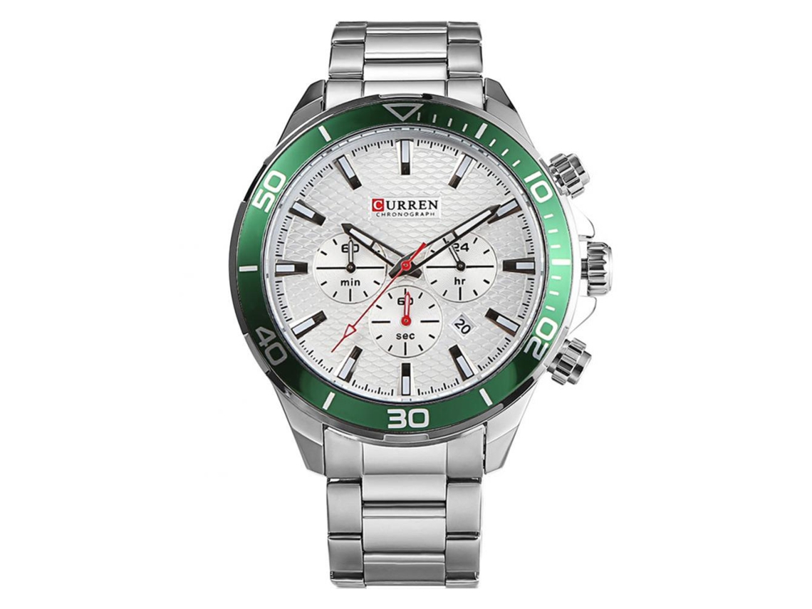 Relógio de pulso masculino de quartzo com pulseira de aço, mostrador redondo (caixa branca/verde)