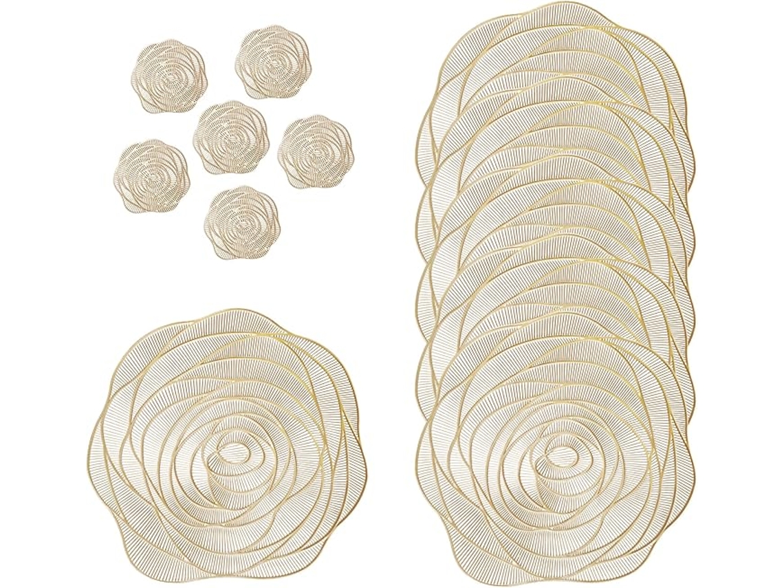 Conjunto de 6 porta-copos dourados em PVC com estampa de rosas - 38x38cm