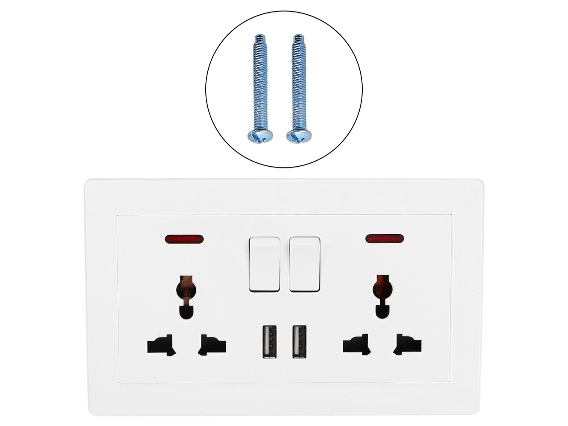 Interruptor de parede padrão do Reino Unido (2 grupos, tomada de 3 pinos, duas portas USB)