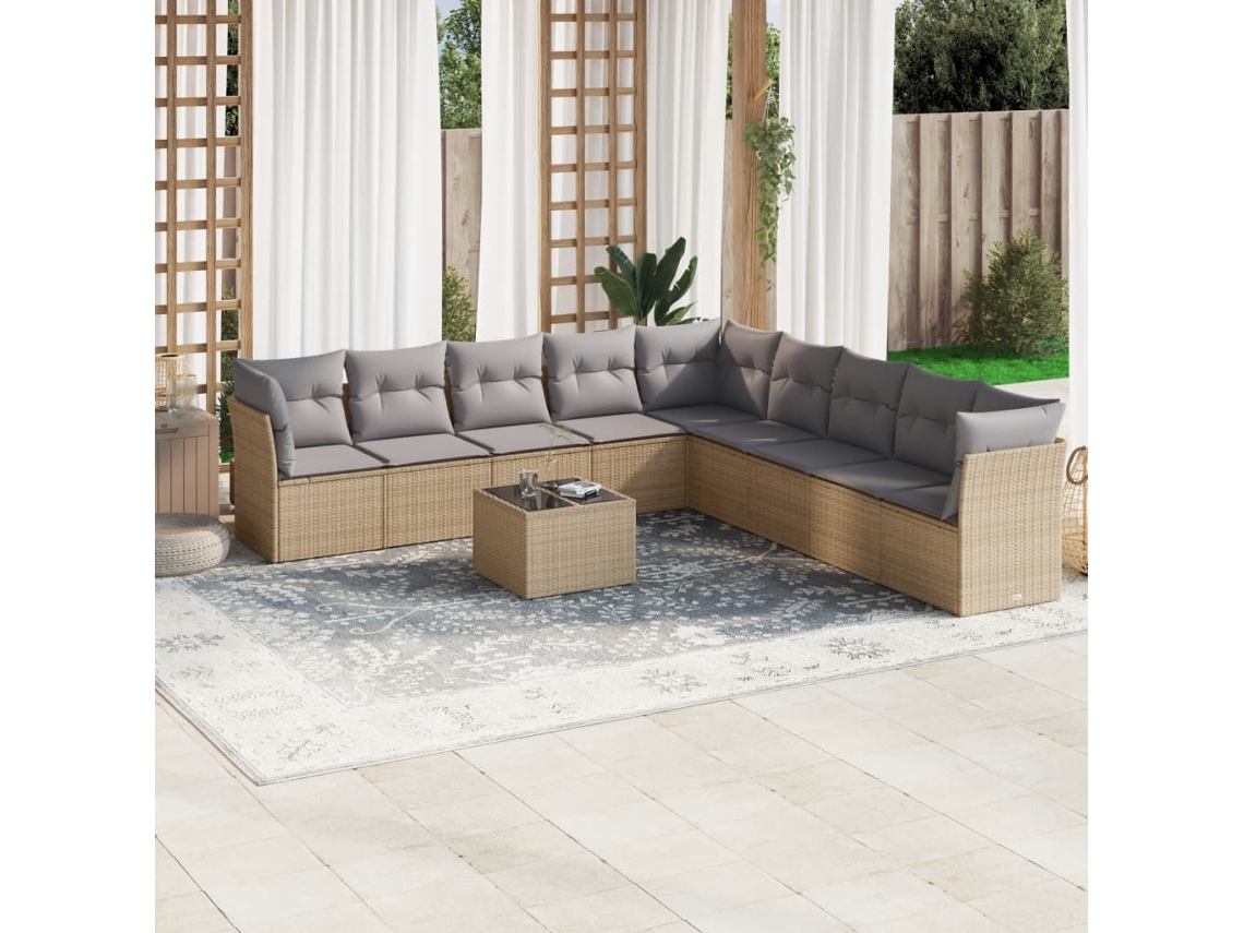 Vidaxl 10 Pcs Conjunto De Sofás P/ Jardim Com Almofadões Vime Pe Bege