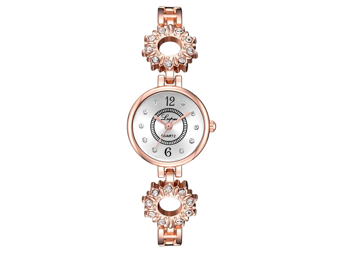 Relógio de Pulso Feminino de Quartzo com Pulseira de Liga e Strass Rose Gold White