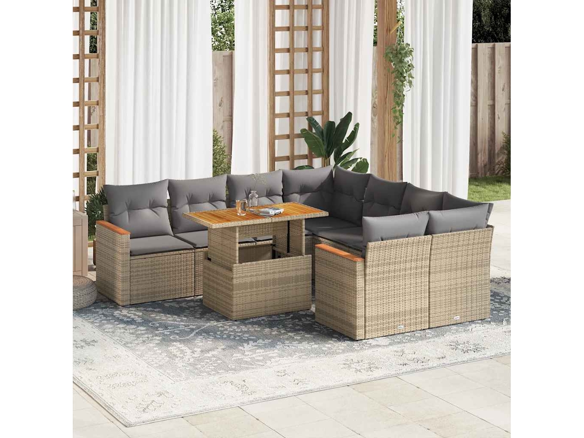 Vidaxl 9 Pcs Conjunto Sofás Jardim Com Almofadões Vime Pe/acácia Bege