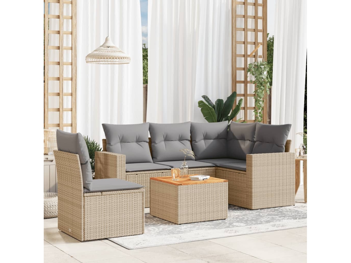 Vidaxl 6 Pcs Conj. Sofás Jardim C/ Almofadões Vime Pe Bege Misturado