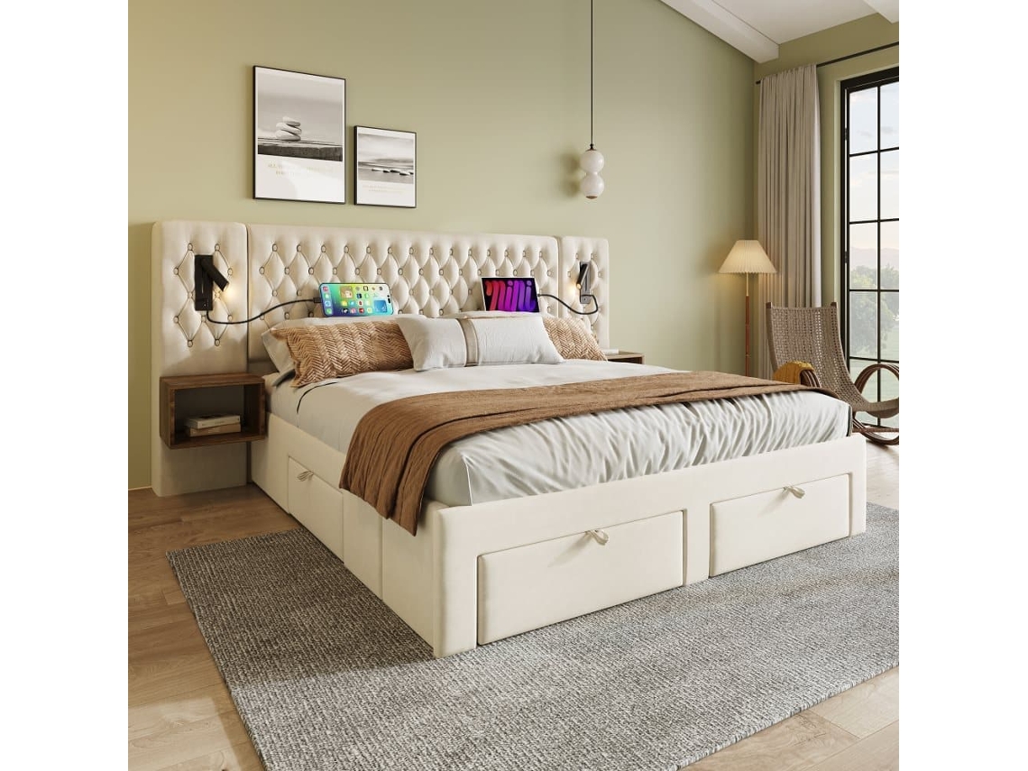 Conjunto Completo Para Quarto - Cama Estofada 160x200 Cm - 2 Mesas De Cabeceira, 4 Gavetas, Luz Led, Bege, Veludo