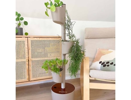 Jardineira Vertical Citysens, Cor Corteza, Com 3 Vasos, Smart Kit, E Madeira Teka.