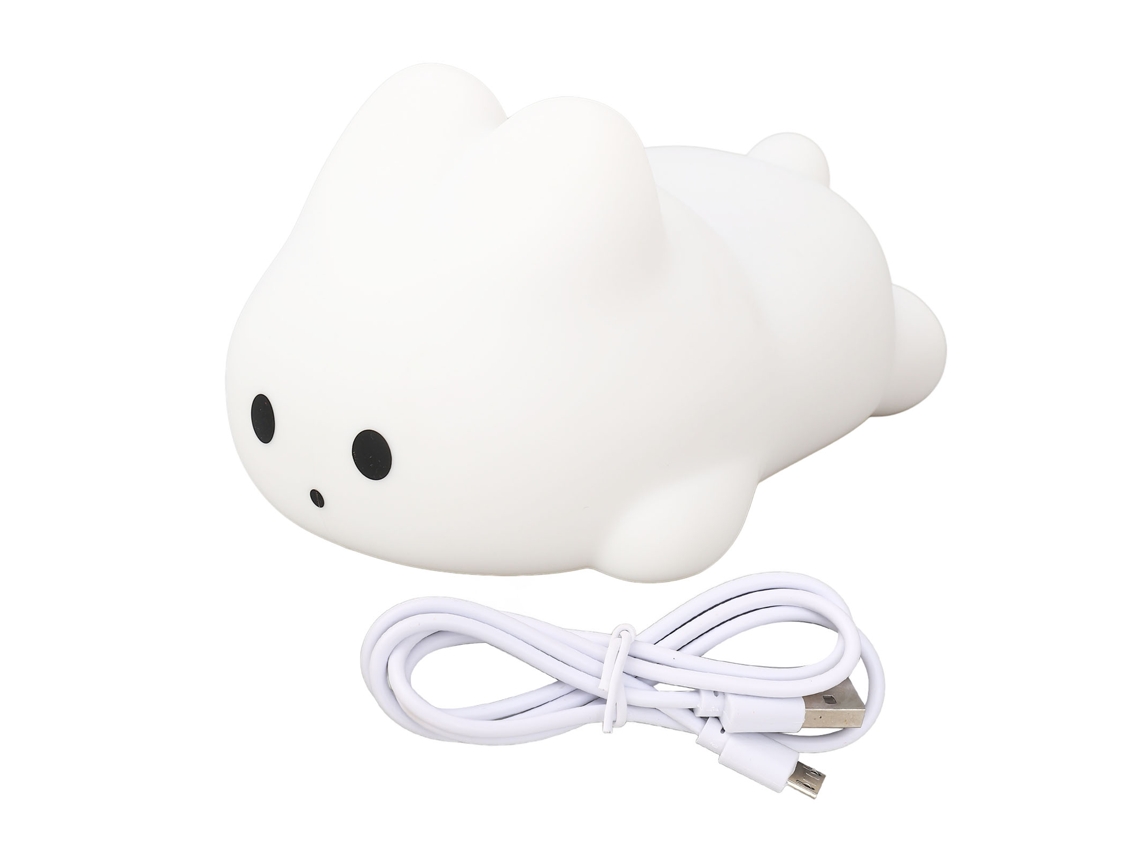 Luminária noturna fofa em forma de coelho, feita de silicone com intensidade regulável, ideal para quarto infantil.