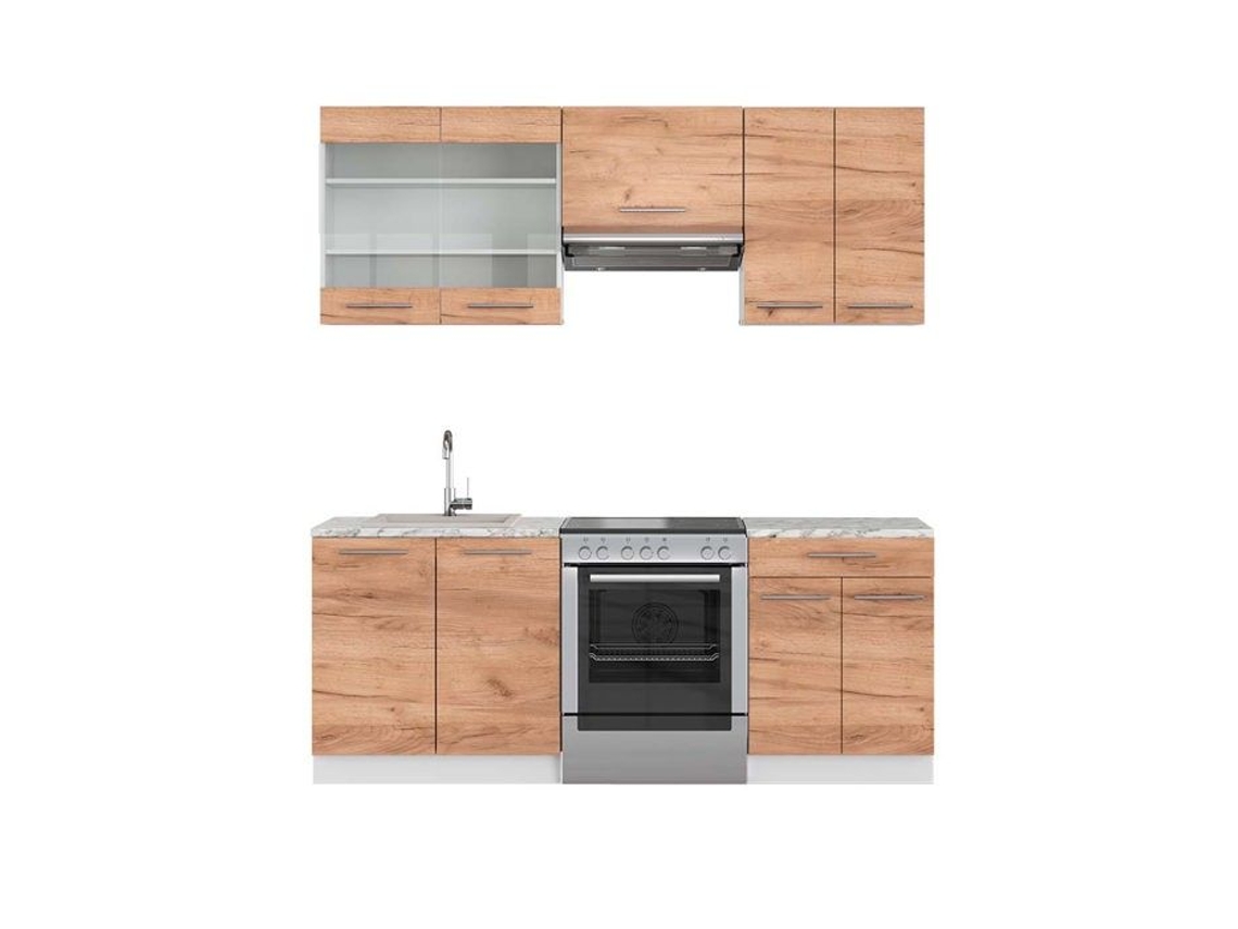 Cozinha Fame-Line, 200 cm, Mármore PT, Carvalho dourado/branco, Vicco